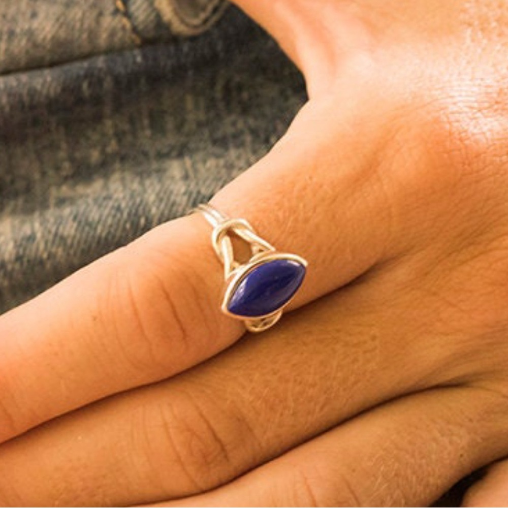SUVANI 925 Sterling Silver Ring Blue Lapis Lazuli Gemstone Marquise Size 8 - Picture 7 of 8